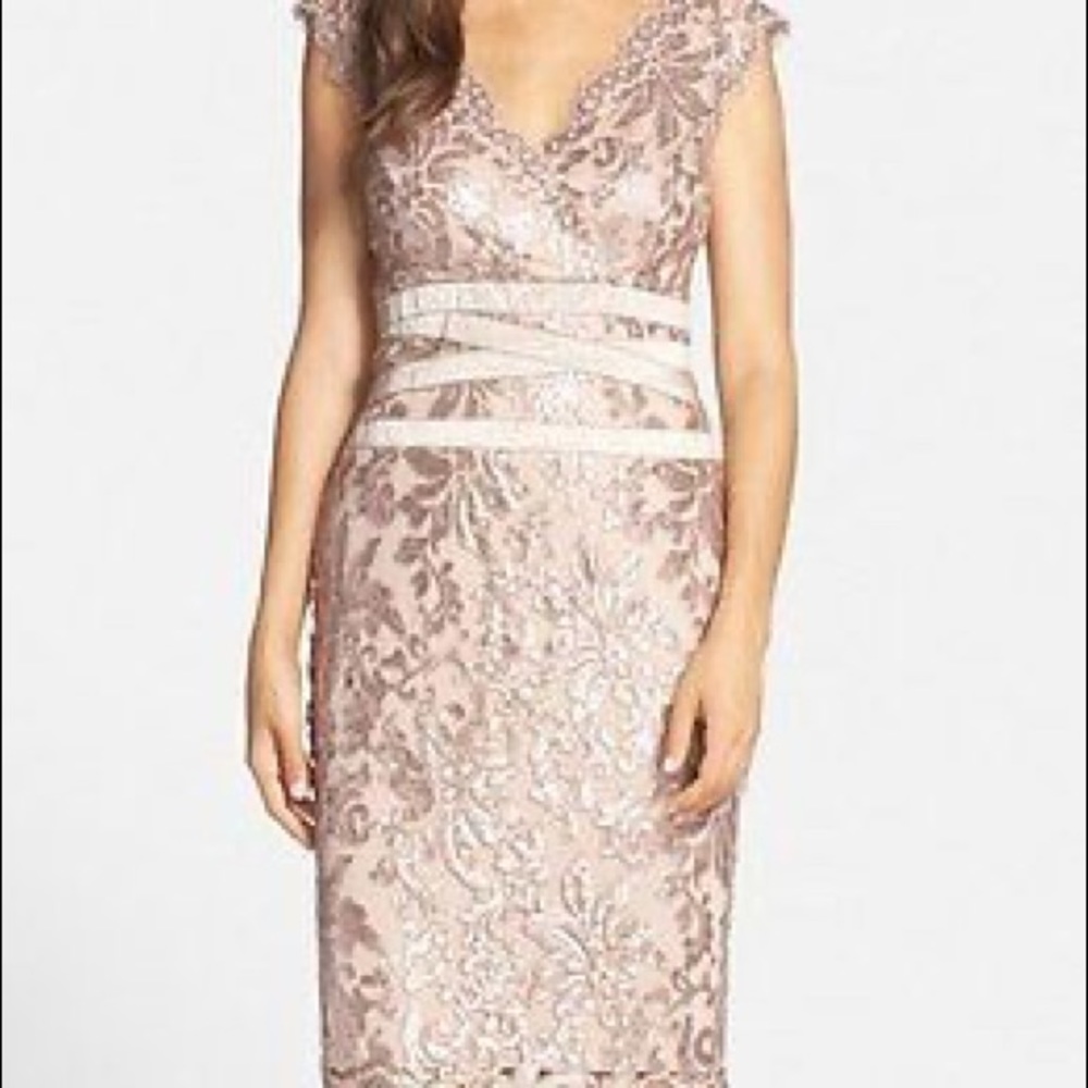 Tadashi Shoji Rose Gold Embroidered Lace Sequin Dress